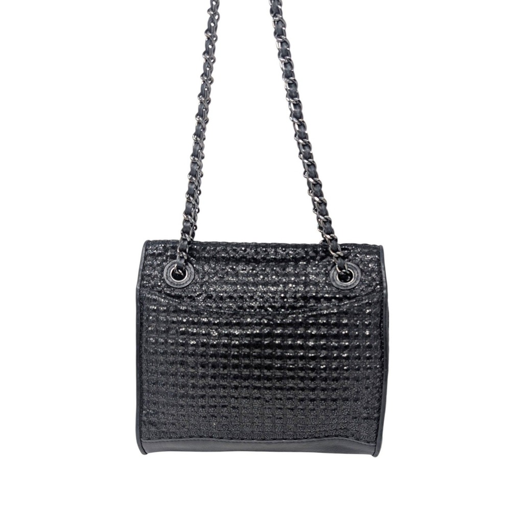 Tory Burch Fleming Black Silver Metallic Tweed‎ Chain Shoulder Bag
